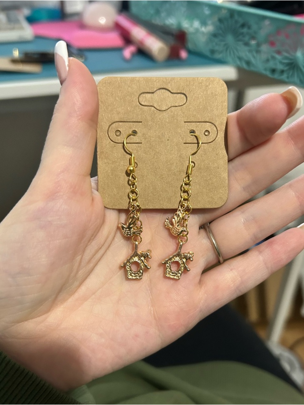 Gold-Tone Bird & Bird House Dangle Earrings